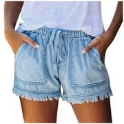 Npasoilc Shorts for Women Summer High Waisted Elastic Waistline Drawstring Frayed Fringe Hem Jean Shorts Casual Stretchy Denim Shorts With Pocket